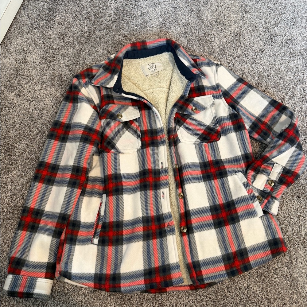 Sherpa-Lined Plaid Jacket - Red, Navy & White size medium